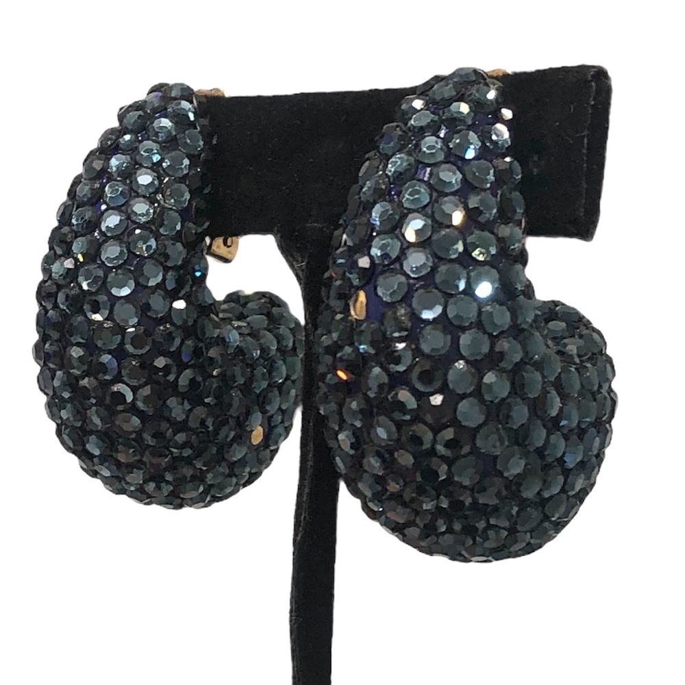 VINTAGE RICHARD KERR NAVY BLUE RHINESTONE PUFFY TEARDROP CLIP ON EARRINGS